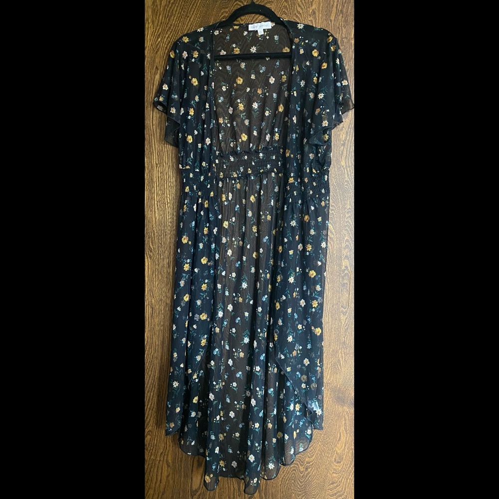 Coverall, sheer, black, floral detail, flowy, short sleeve